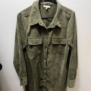 Green Ribbed Long Sleeve Frayed Edge Shirt Dress